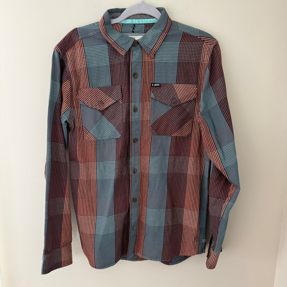 Jetty Mens Small Plaid Long Sleeve Button Down Shirt Teal Orange Cotton Woven